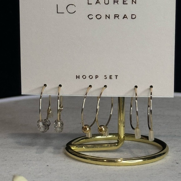 LC Lauren Conrad 3 pairs Gold Tone Mini Hoops Gold Bead and Crystal - Picture 3 of 7